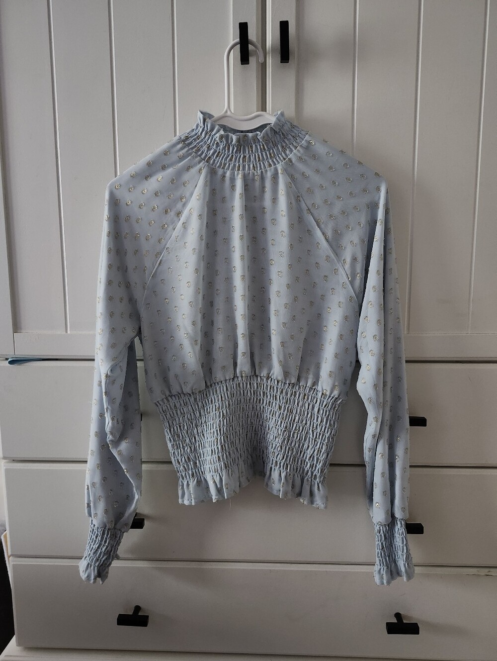 Smocked Waist High-Neck Blouse - Light Blue Sz S